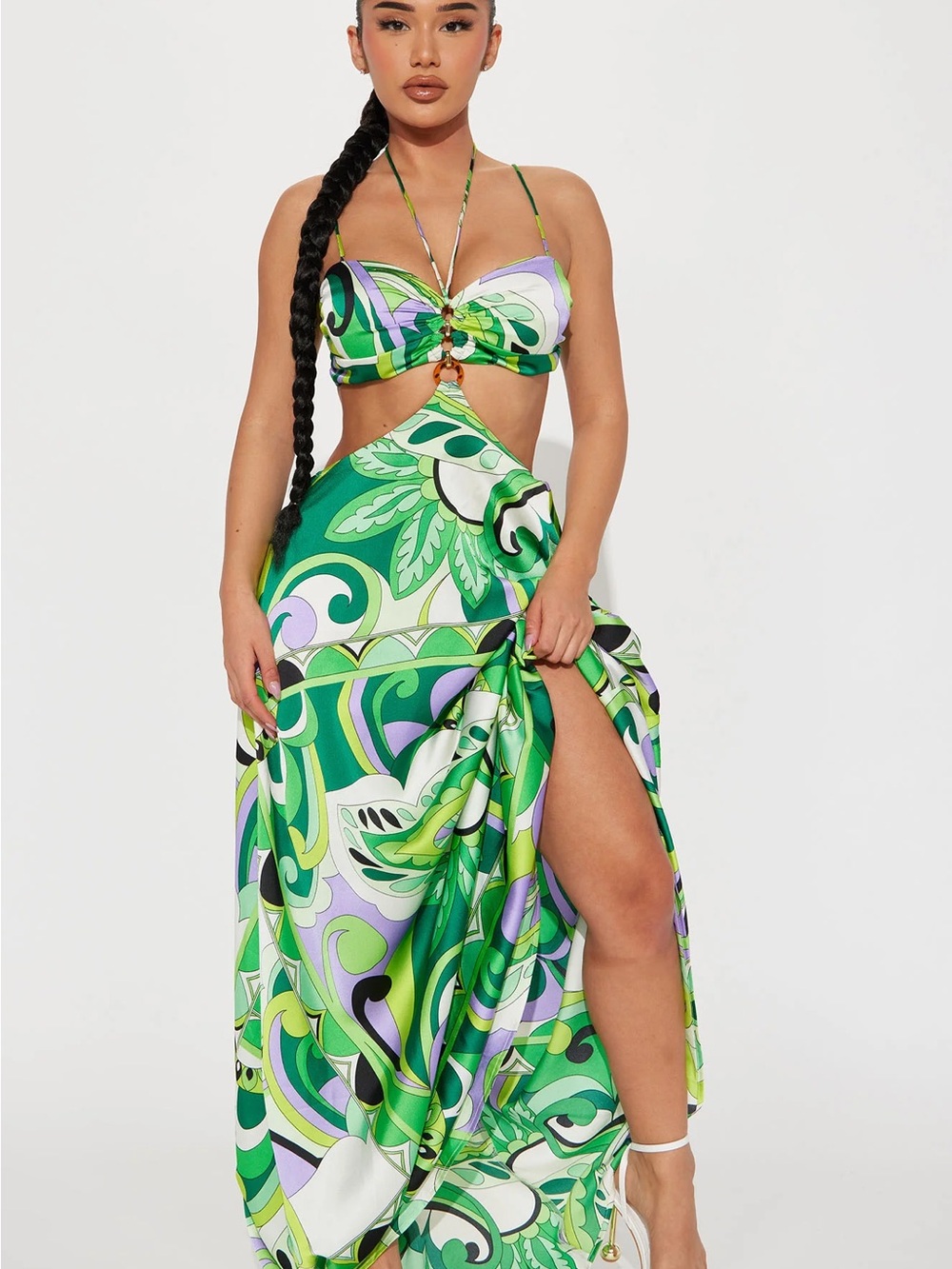 Fashion Nova Green & Purple Printed Maxi Dress